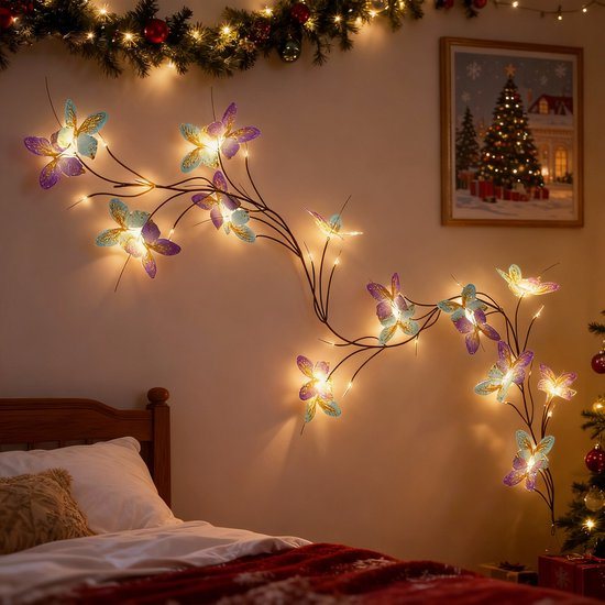 Soontrans Butterfly Willow Vine String Lights 1,6 m 36 LED's, 8 Verlichtingsmodi, Buigzame Wilgentakken Voor Wanddecoratie, Geschikt Voor Huisdecoratie en Feestdagen