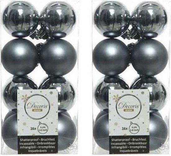 Decoris kleine kerstballen - 32x st - grijs/blauw - 4 cm - kunststof - onbreekbare kerstversiering