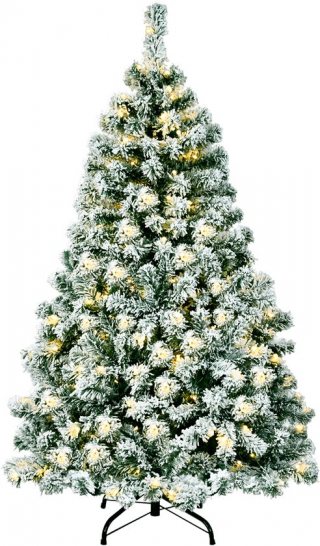 COSTWAY 135/180/225 cm kunstkerstboom voor verlichte sneeuw bedekte scharnierende sparren met 200/250/550 warme led-verlichting, robuuste opvouwbare metalen standaard, hele kerstboom met 400/928/1364