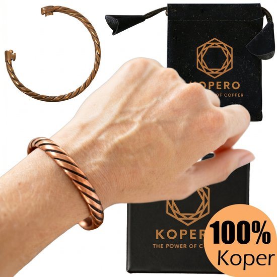 Kopero Premium Koperen Armband – Gedraaid - 100% Puur Koper – Unisex – Verstelbaar – Met Fluwelen Draagzak – Met Luxe Sieradendoosje - Handgemaakt – Ayurveda – Koperen Armband Heren – Koperen Armband Vrouwen – Armband Koper - One Size Fits All