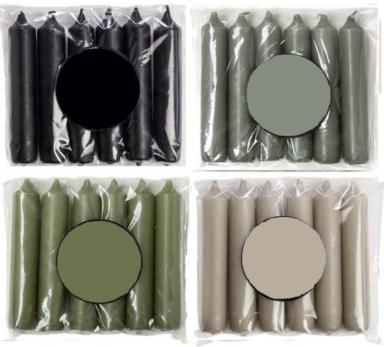 Cactula Korte Dinerkaarsen – 24 Stuks ( 4 x 6 stuks) – Ø 2.1 x 12 cm – Luxe Gekleurde Kaarsen – Trendy Rain Kleuren: Zwart, Grijs, Groen, Lichtgrijs