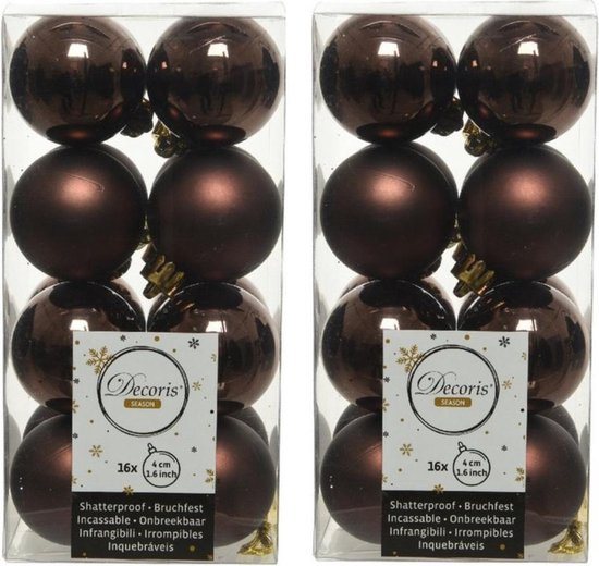 32x Donkerbruine kunststof kerstballen 4 cm - Mat/glans - Onbreekbare plastic kerstballen - Kerstboomversiering donkerbruin