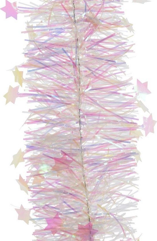 Decoris Kerstslinger - 2x - sterren - parelmoer - 270 x 10 cm - lametta/folie - kerstboomslinger