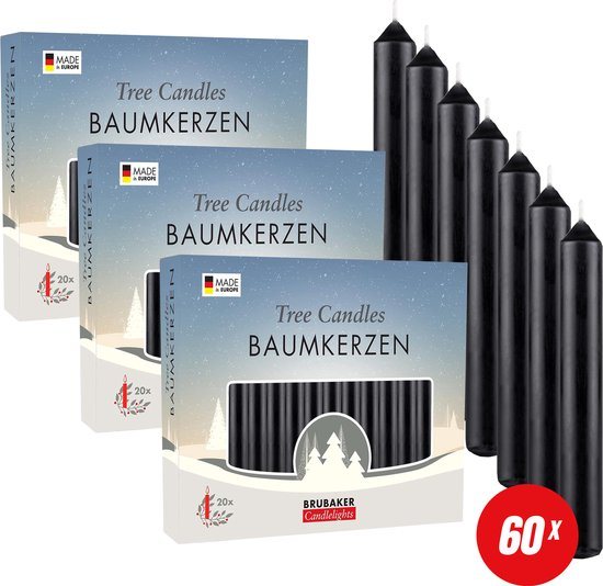 BRUBAKER 60 Stuks Boomkaarsen Was - Zwart - Kerstkaarsen - Piramidekaarsen - Kerstboomkaarsen - 95/12.5 mm – Kaarsen - Kaarsjes