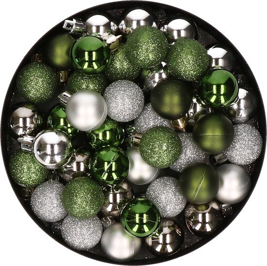 Kerstballen mix - Set van 40x stuks - kunststof - groen en zilver - Dia 3 cm - Kerstversiering - kleine balletjes voor mini boompjes