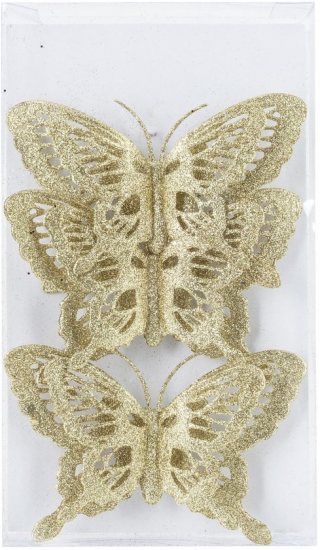 Kerstboomversiering Vlinder - 3x stuks - 14 cm - goud glitter - op clip