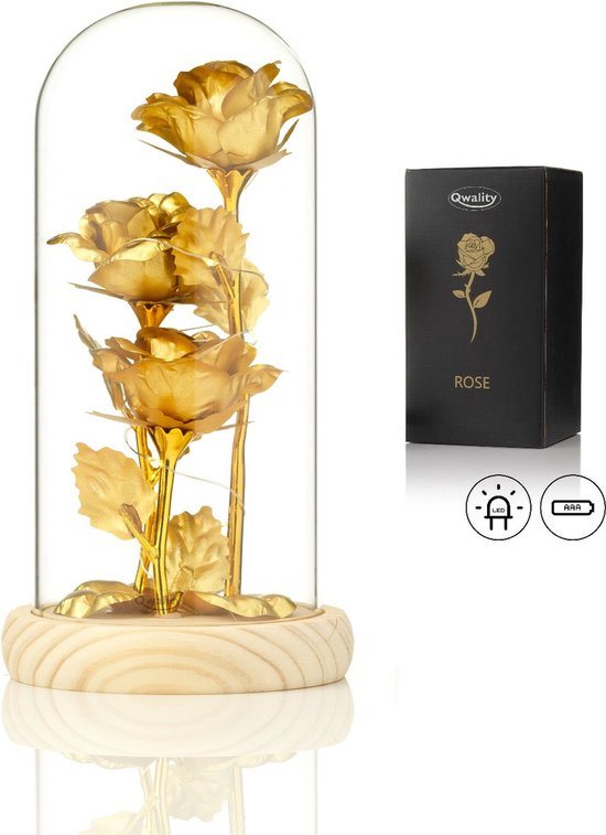 Luxe Roos in Glas met LED – Gouden Roos in Glazen Stolp – Moederdag - Cadeau voor vriendin moeder haar - Goud 3x met Blaadjes - Lichte Voet – Qwality