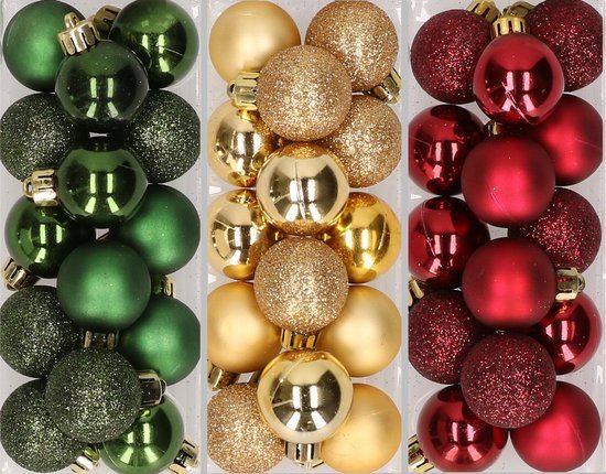 Kleine kunststof kerstballen - 42x stuks - goud, bordeaux rood en dennengroen - Dia 3 cm - Kerstversiering