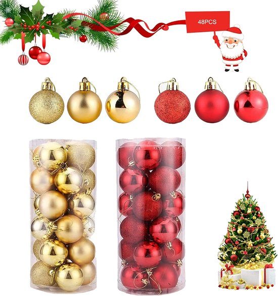 Kerstballen Versierde Ornamenten 48 Stuks - Kerstboomversieringen - Gouden En Rode Onbreekbare Decoratie - Kerstvakantie Feestdecoratie