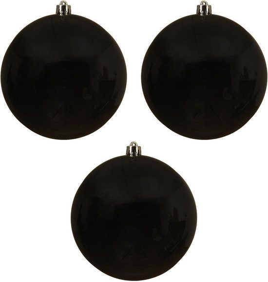 Decoris Kerstbal - 3x - zwart - groot - 14 cm - kunststof - glans - kerstversiering