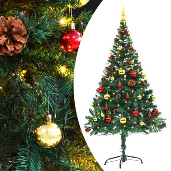 vidaXL - Kunstkerstboom - met - verlichting - en - kerstballen - 150 - cm - groen