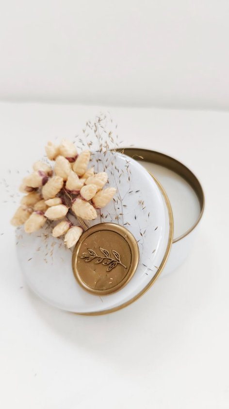 Kaars in Blik met Droogbloemen en Gouden Waxzegel – Stijlvol Cadeau voor Kerst, Verjaardag of Bruiloft