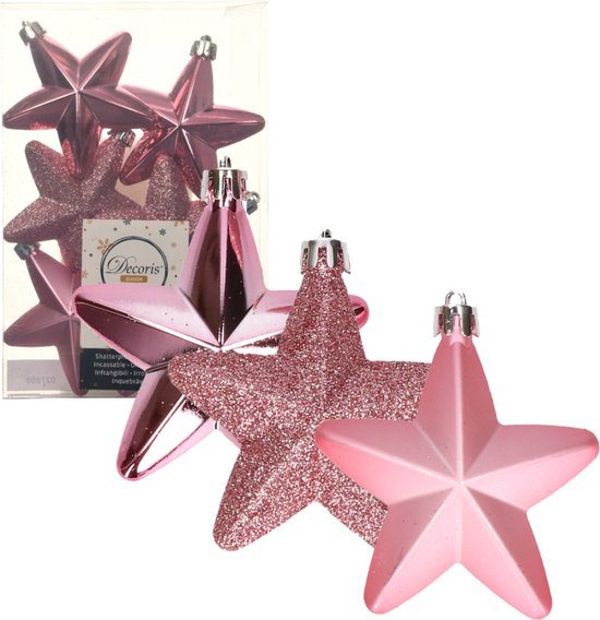 Decoris kersthanger sterren - 6x st - lippenstift roze - 7 cm - kunststof - kerstornamenten