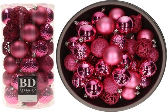 Bellatio Decorations Kerstballen - 74x st - fuchsia roze - D6 cm - kunststof - onbreekbaar - kerstversiering