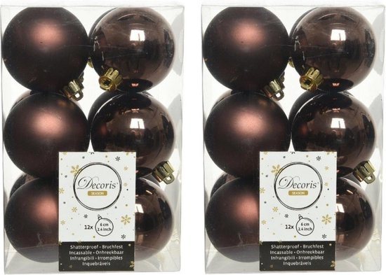 24x Donkerbruine kunststof kerstballen 6 cm - Mat/glans - Onbreekbare plastic kerstballen - Kerstboomversiering donkerbruin