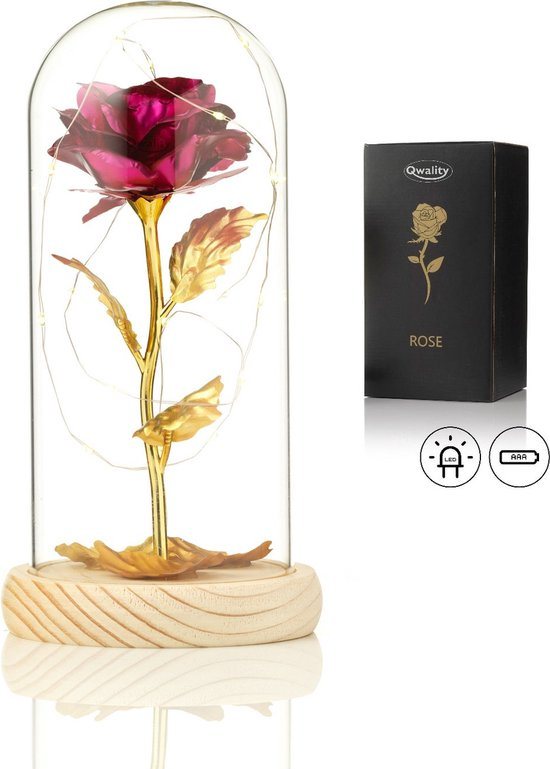 Luxe Roos in Glas met LED – Gouden Roos in Glazen Stolp – Moederdag - Cadeau voor vriendin moeder haar - Roze met Blaadjes - Lichte Voet – Qwality