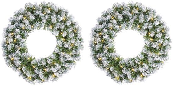 Black Bos Kerstkrans - Set van 2x stuks - D60 cm - groen - met verlichting - 30 LEDS - en sneeuw - Deurkrans - voordeur kransen