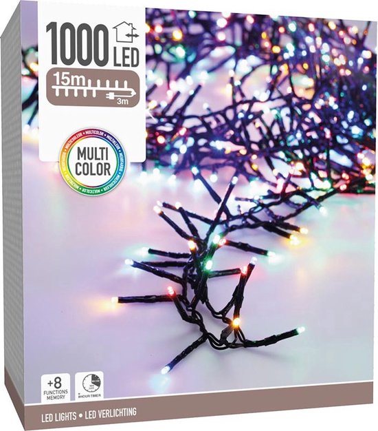 Maxi Cluster Kerstverlichting - 1000 led - 15m - multicolor - Timer - Lichtfuncties - Geheugen - Buiten