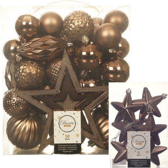 Kerstballen, kerstornamenten en piek - 56x stuks - walnoot bruin - kunststof