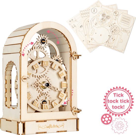 Crafts&Co Houten Bouwpakket Vintage Klok - Stap-voor-Stap 3D Puzzel - Miniatuur Modelbouwpakketten Volwassenen en Kinderen - Houten Speelgoed - Knutselen Jongens en Meisjes - Hobby - DIY - 125 Stukjes