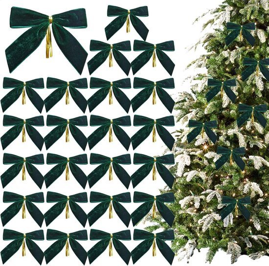 24 Stuk Fluwelen Kerststrikken - Glitters - Kerst Decoratie Strikjes - Kerstversiering - Kerstboom Decoratie - Kerststrikjes - Kerstsfeer - Christmas - 3,5 x 3,5 inch - Voor Kerstfeest, Kerstboom, Binnen, Knutselen - Groen