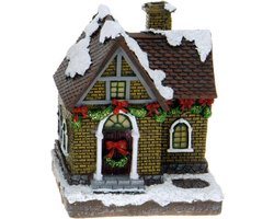 Kersthuisjes/kerstdorp huisje - gele stenen - Polystone - 14 cm - met verlichting - kerstversiering