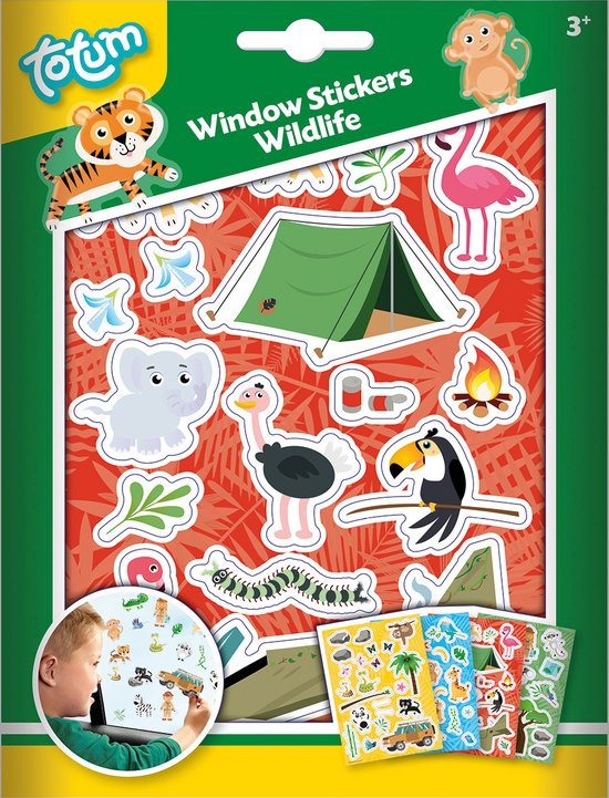 Totum Verplaatsbare raamstickers - 45+ stuks - Wilde dieren - Met speelachtergrond - Speelgoed Kinderen - Knutselen - Voor meisjes en jongens - Ook voor kleuters - Vanaf 3 jaar