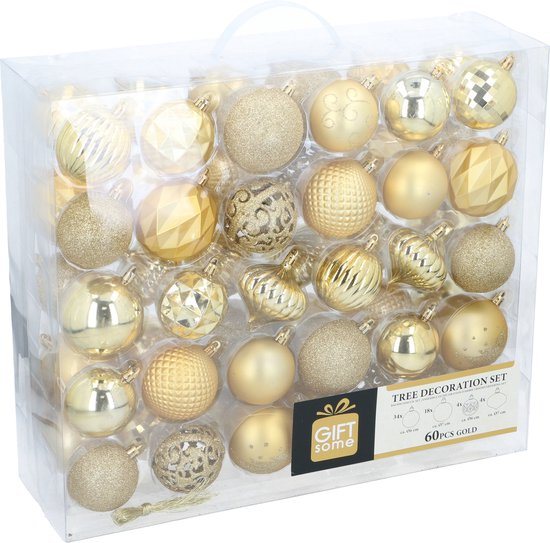 Giftsome Gouden Kersballen Set - 60 Kunststof Kerstballen - Excl. Piek - Kerst Decoratie - Ø6/7 cm
