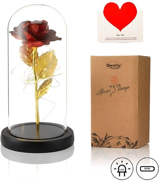 Luxe Roos in Glas met LED – Rode Roos in Glazen Stolp - Valentijn - Moederdag - Bekend van Beauty and the Beast - Valentijns Cadeau voor vriendin moeder haar - Zwarte Voet - Qwality
