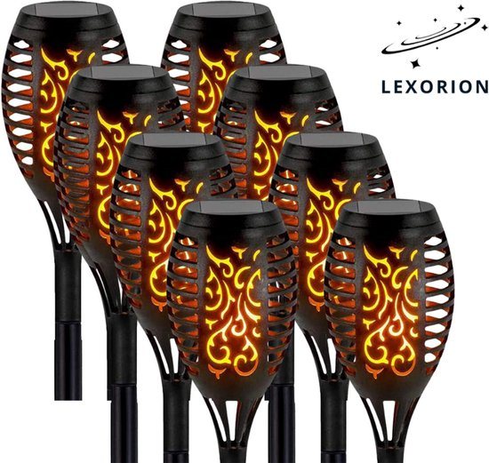 Lexorion Flamma - Solar Tuinfakkels - 8 stuks - 50 cm - Warme LED Vlam Effect - Zonne-energie Tuinverlichting - Waterdicht & Snoerloos - Buitenlampen voor Tuin, Pad & Kerstdecoratie