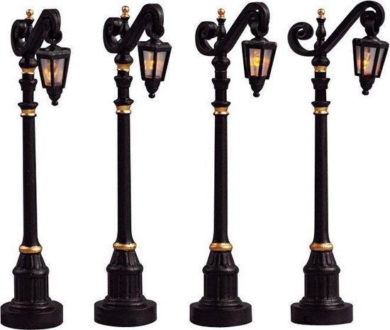 Lemax - 'Colonial Street Lamp' - Set van 4 stuks - Verlicht accessoire - Exclusief adapter (werkt ook op batterijen)