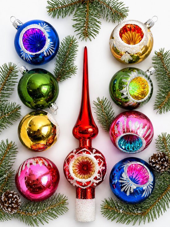 kerstballen set 8 st. met piek, retro, vintage, handmade in Polen, multi color, glasornamet met deuk