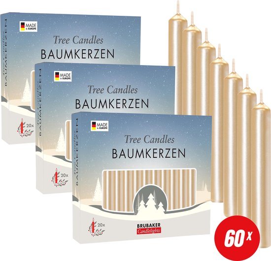 BRUBAKER 60 Stuks Boomkaarsen Was - Licht Goud - Kerstkaarsen - Piramidekaarsen - Kerstboomkaarsen - 95/12.5 mm – Kaarsen - Kaarsjes