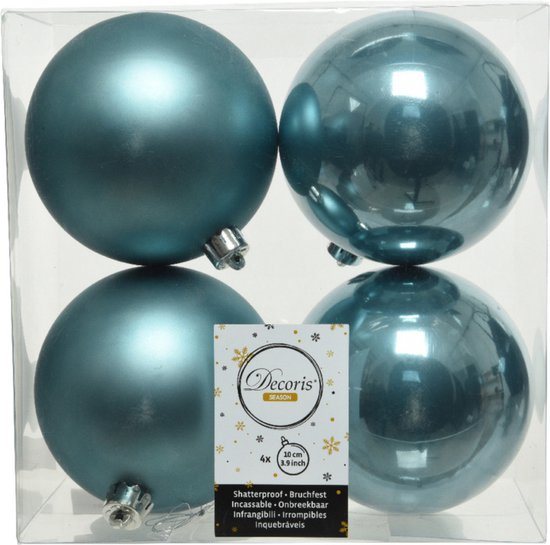 Decoris Kerstballen - 4x st - ijsblauw - D10 cm - kunststof - kerstversiering