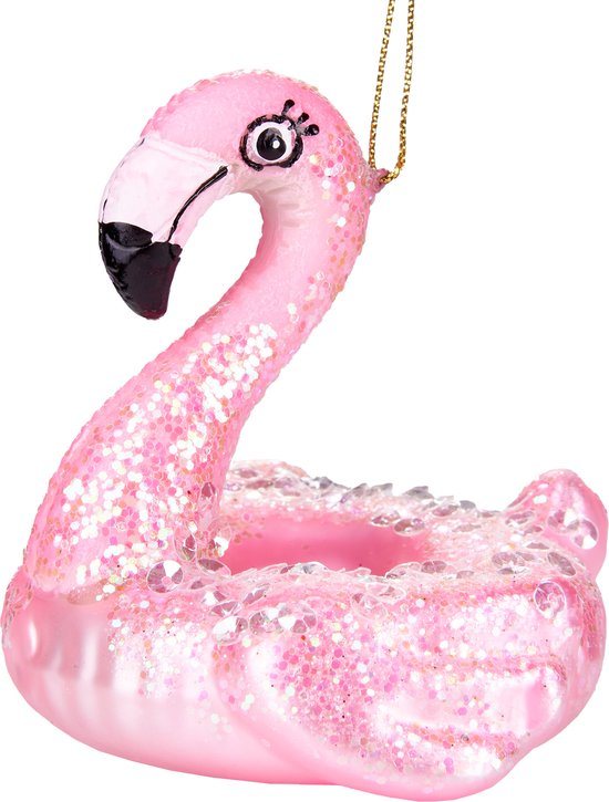 BRUBAKER Flamingo Zwemring Roze - Handgeschilderde Glazen Kerstbal - Handgeblazen Kerstversiering - Grappige Kersthanger - Kerstboom Decoratie - 9 cm
