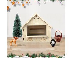 Complete Kerstmarkt Buden Set van Hout – 4 Kleine Huisjes met Dakjes, Ramen & Sneeuw Schattige Miniatuur Kerstdorp voor Adventsdecoratie, Kinderkamer & Magische Kersttafereel Thuis