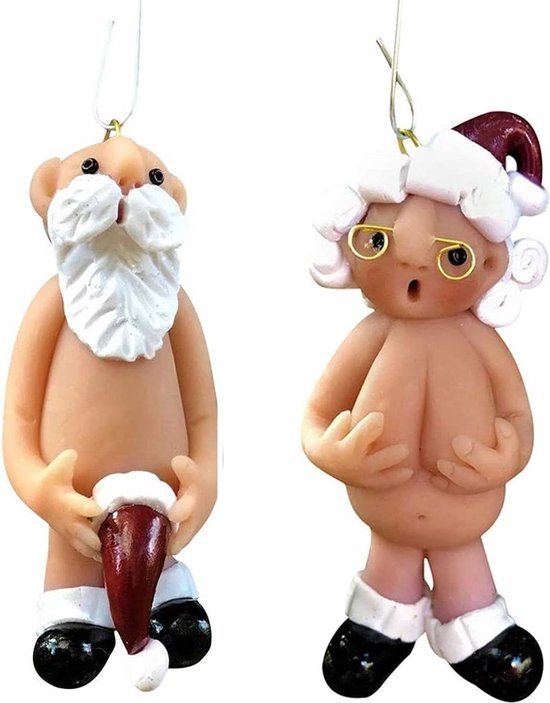 Kerstversiering 5 cm - Blote kerstman en blote kerstvrouw - Kerstornament