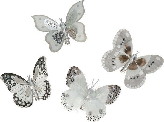 Othmar Decorations vlinders op clip - 16x - grijs/zilver - 8 cm - kunststof -kerstversiering