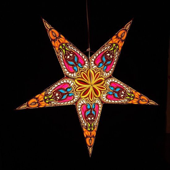 Kerstster papier met verlichting - 60 cm diameter, 24 cm diep – Kerst ster voor binnen – Ganesha Chocolade Blauw Multicolour – Incl. 3 m. snoer met stekker, schakelaar en E14-fitting – Kerst Raam decoratie – Kerstversiering – Kerstverlichting