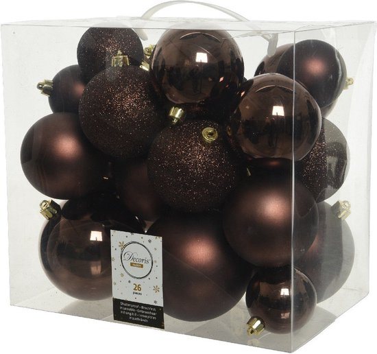 Decoris Kerstballen - 26x st - donkerbruin - 6-8-10 cm - kunststof - kerstversiering