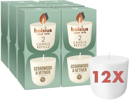 Bolsius - CleanLight - 12 Gegeurde Navullingen - Cedarwood & Vetiver - Navulbare Geurkaarsen