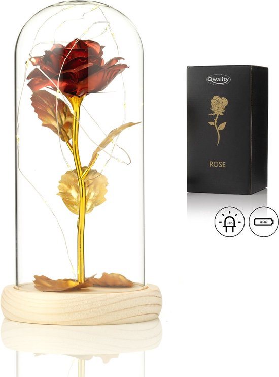Luxe Roos in Glas met LED – Gouden Roos in Glazen Stolp – Moederdag - Cadeau voor vriendin moeder haar - Rood met Blaadjes - Lichte Voet – Qwality