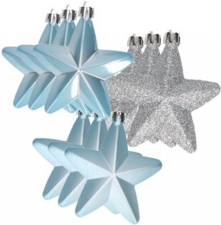 Decoris kersthanger sterren - 12x st - lichtblauw - 7 cm - kunststof - kerstornamenten - kerstversiering