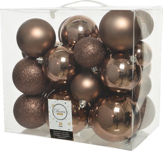 Decoris Kerstballen - 26x st - walnoot bruin - 6-8-10 cm - kunststof - kerstversiering