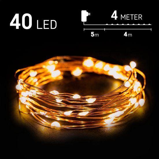 kerstverlichting LED buiten - Nano 4m, 40 LEDs, Warm Wit, 230V met stekker, Lichtsnoer koperdraad, met timerfunctie, geschikt voor binnen en buiten, waterdicht IP44 - kerstverlichting led - Kerstboomverlichting