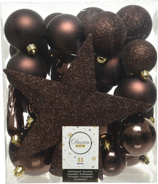 Decoris kerstballen set - 34-dlg - donkerbruin - incl. piek - kunststof - kerstversiering