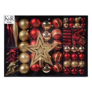 K&R Ventures® Luxe Kerstballen - 88 stuks - Klassieke Kerstboomdecoratie in Rood & Goud - Kerstversiering Set - Glanzende & Matte Ballen voor Feestelijke Sfeer