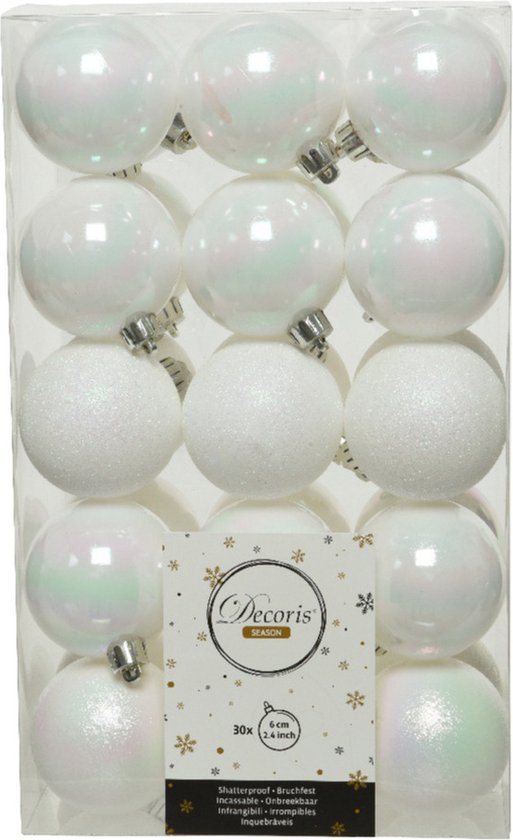 Decoris kerstballen - 30x st - wit parelmoer - D6 cm - kunststof - kerstversiering