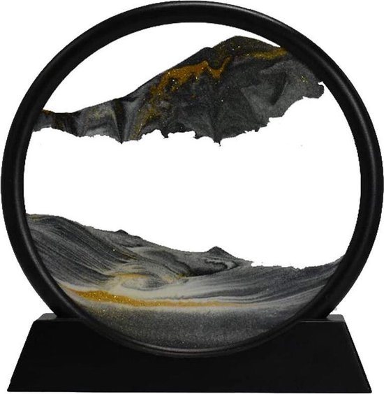 Bewegende zandkunst in glas - Zwart – Zandloper – Dynamisch – Ontspannen – Kantoor – Decoratie – Volwassenen – Kinderen – Bureau decoratie – Destop en bureau – Meditatie – 19x19 cm