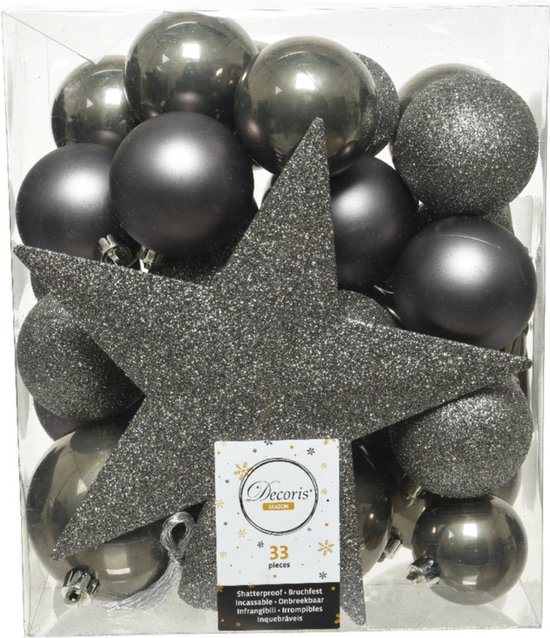 33x stuks kunststof kerstballen antraciet (warm grey) inclusief ster piek - 5-6-8 cm - Onbreekbare plastic kerstballen
